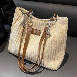 NWT Soft Corduroy/Terry Cloth Textured Cream Women's Tote/Shoulder Bag 14x9